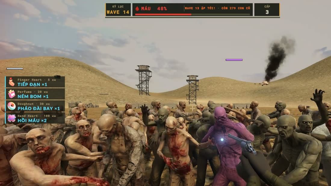 Bầy zombie đông kín trước mặt người lính, tháp canh và xe cháy phía sau