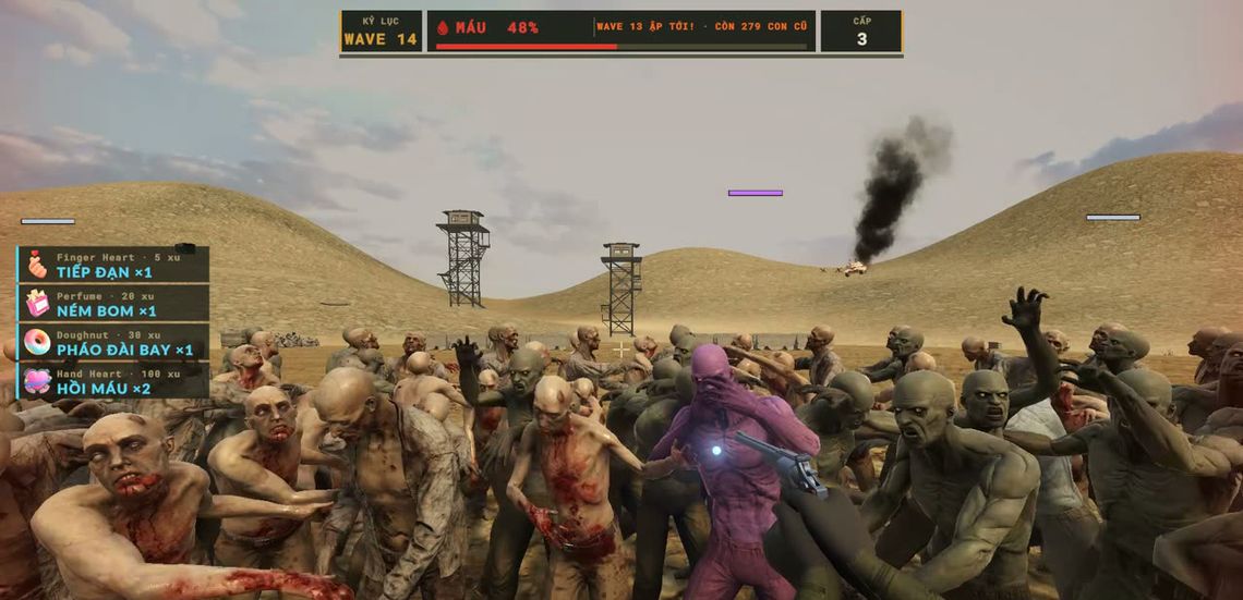 Cảnh trong Stream of the Dead, góc nhìn người lính cầm súng trước bầy zombie trên đồi cát