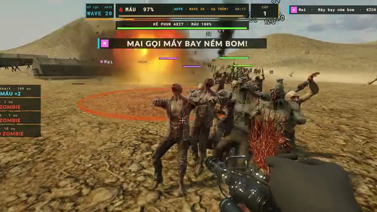 Cảnh trong Stream of the Dead, góc nhìn người lính cầm súng trước bầy zombie trên đồi cát